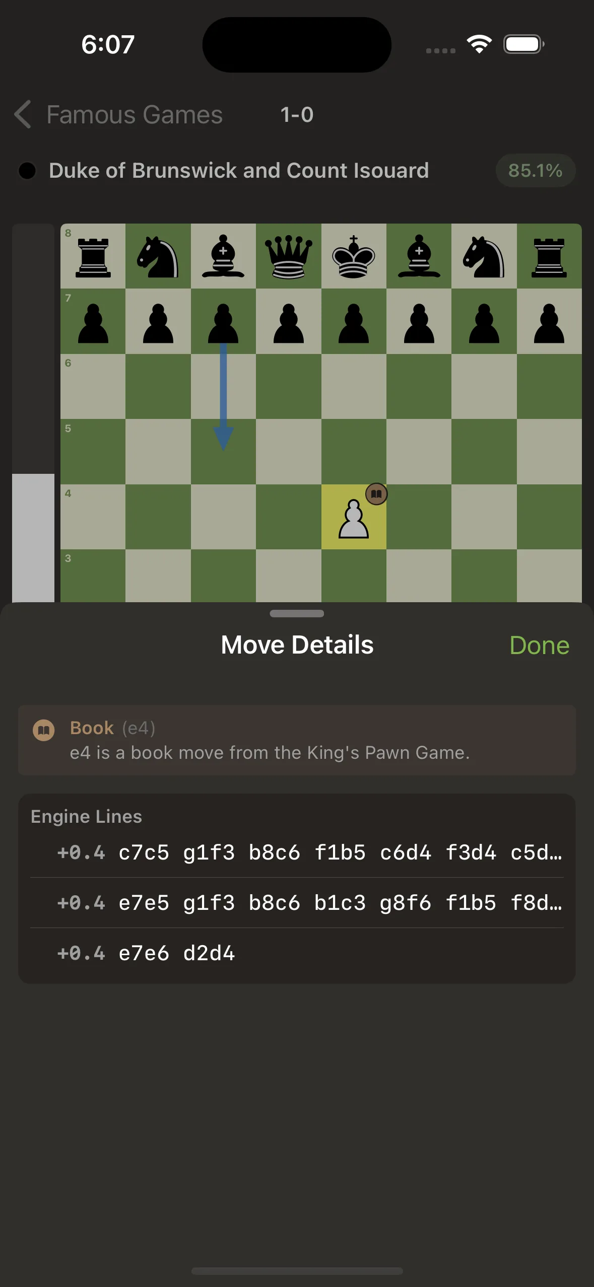 Move analysis showing Stockfish engine principal variation lines